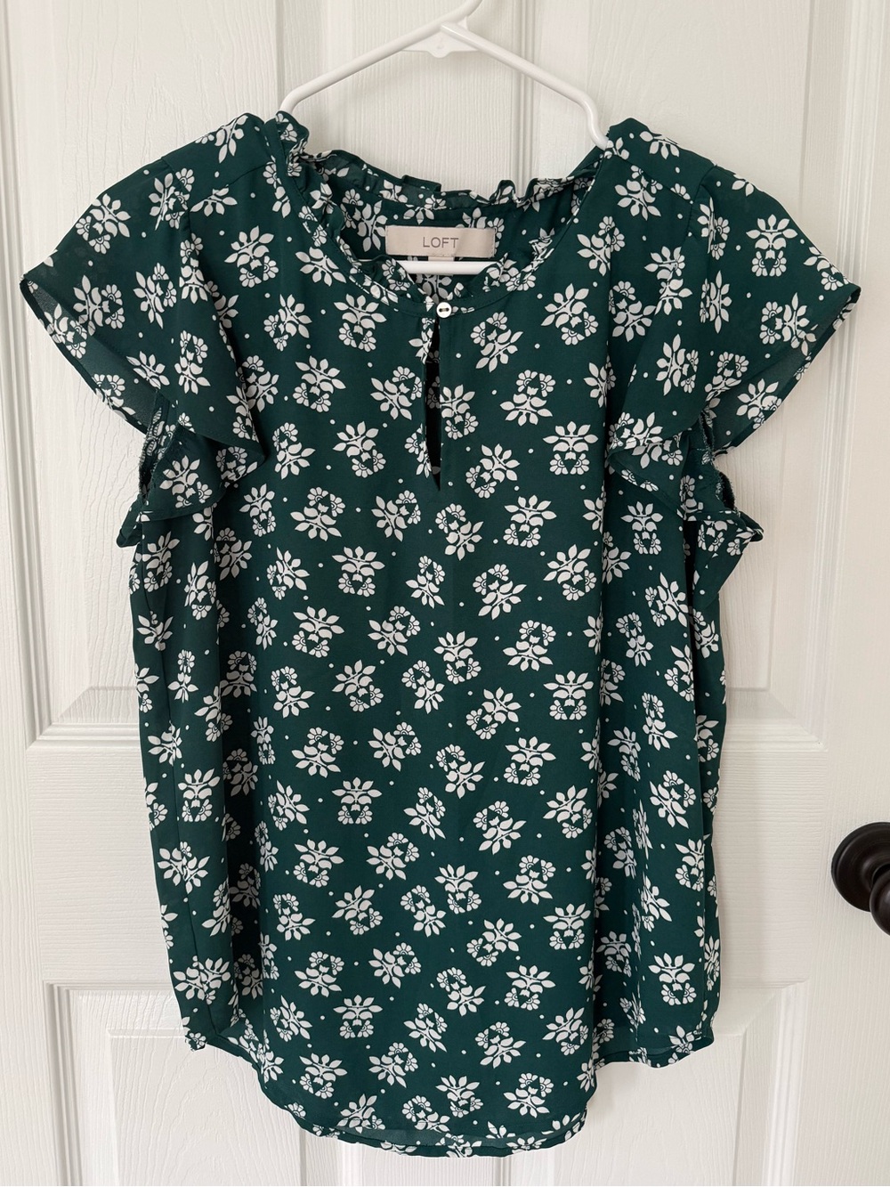 LOFT Dark Green Floral Ruffle Sleeve Top